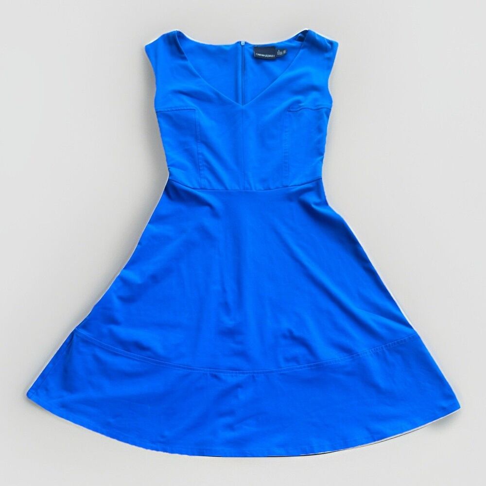 Cynthia Rowley Royal Blue Fit Flare Stretch Soft Dress V neck Sz XS Quiet Luxury
